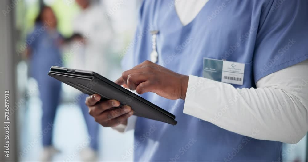 Nurse, hands and planning for healthcare on tablet, internet and studying report on technology. Person, hospital and medicare or review diagnosis, online and networking or communication in closeup Nurse, hands and planning for healthcare on tablet, internet and studying report on technology. Person, hospital and medicare or review diagnosis, online and networking or communication in closeup