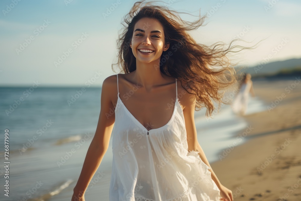 Young happy woman in a white fluttering dress walks on the beach Young happy woman in a white fluttering dress walks on the beach