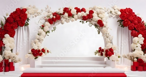 White and red carnations on a red background with space for text