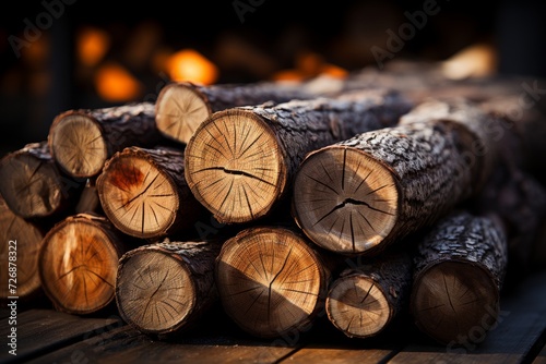 The chopped logs are in a stack. A wall of firewood  a background of dry chopped firewood