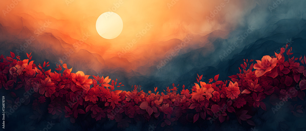 Painting of a Sunset With Red Flowers in the Foreground - obrazy, fototapety, plakaty 