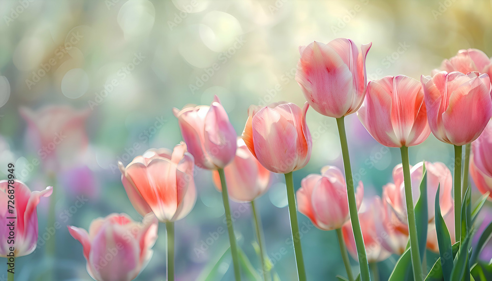 Obraz premium Watercolor pink tulips spring flowers in the grass background with empty space for text.
