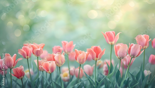 Watercolor pink tulips spring flowers in the grass background with empty space for text. 