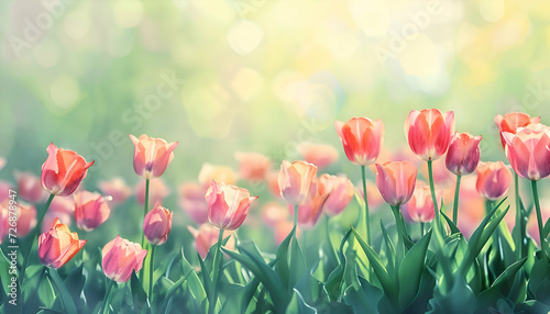 Watercolor pink tulips spring flowers in the grass background with empty space for text.  #726878947