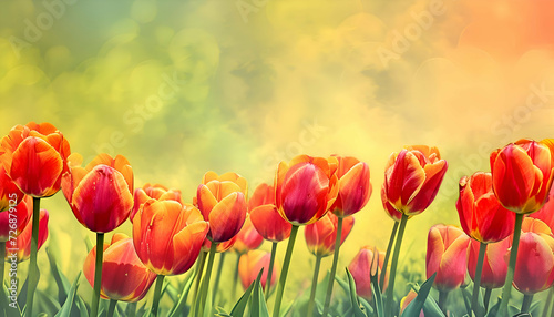 Watercolor red tulips spring flowers in the grass background with empty space for text. 