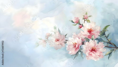 Watercolor pink flowers background with empty space for text. 