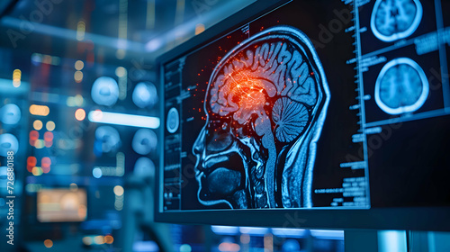 X ray image of brain in computer. Stroke patient brian damaged affected area revealing. 