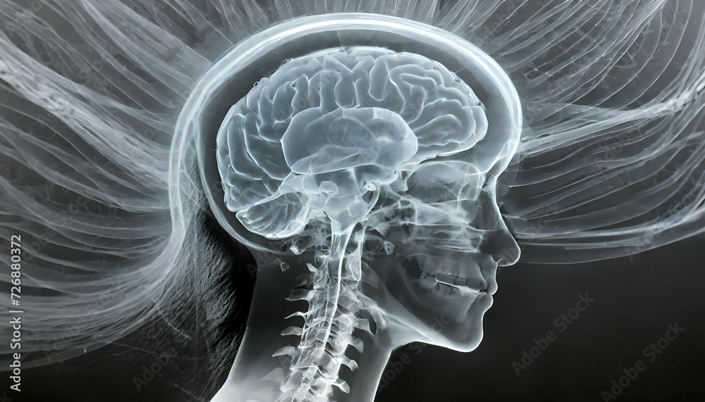 Grey-toned 3D illustration of a human brain, reminiscent of a medical scan or x-ray, delving into the mysteries of anatomy and intelligence Grey-toned 3D illustration of a human brain, reminiscent of a medical scan or x-ray, delving into the mysteries of anatomy and intelligence