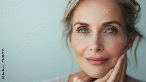 Radiant middle aged beauty, skincare perfection on display. Maturity embraced with elegance on a pristine white canvas. #BeautyConcept #SkincareGlow