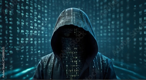 Hacker in hoodie with binary code on dark background. Hacking and hacking concept