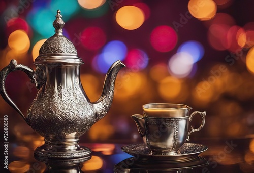 background concept Arabic background colorful Mubarak Silver Coffee Pot Eid Ramadan photo