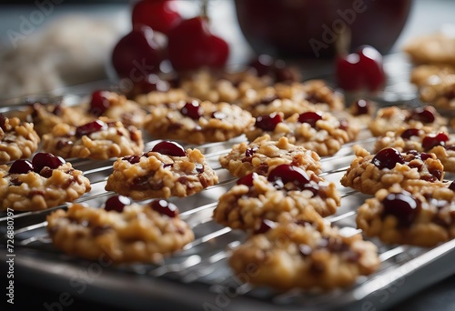 oven mixed butter cookies honey cooked cherries together Florentines made nuts melted sugar photo