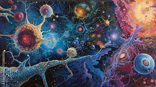 Cosmic Potential Explore the Intricate Beauty of Embryonic Stem Cells as Miniature Universes in this Stylized Depiction. photo