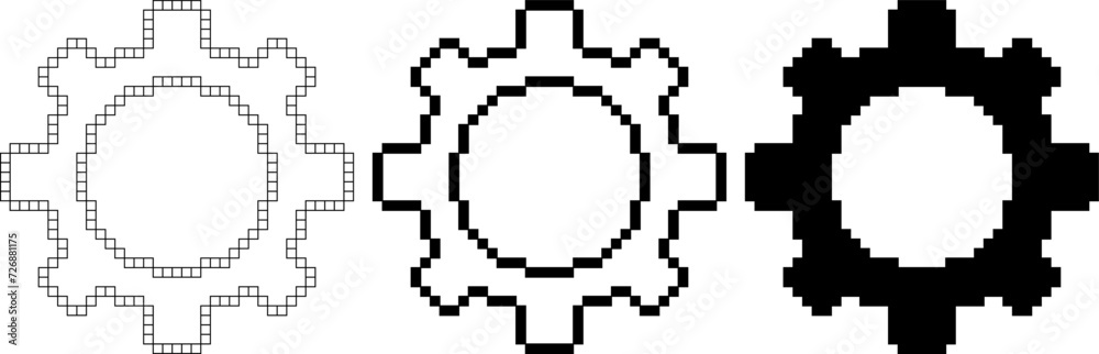 black white pixel art gear setting icon set