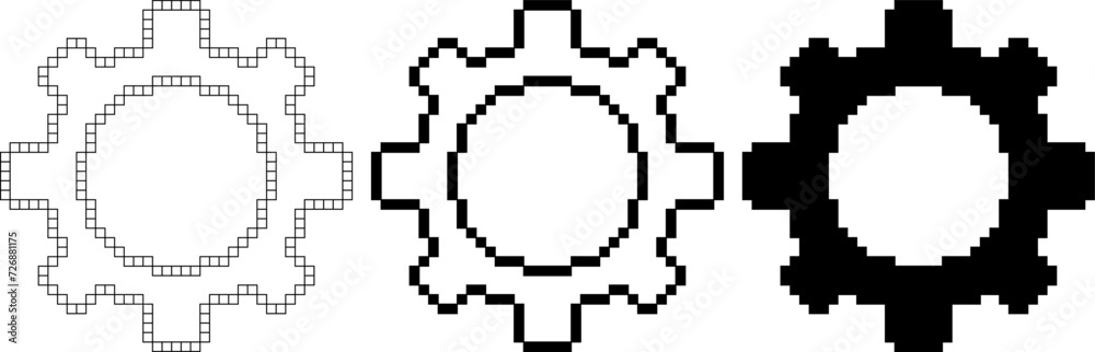 black white pixel art gear setting icon set black white pixel art gear setting icon set
