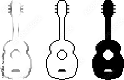 black white pixel art guitar icon set