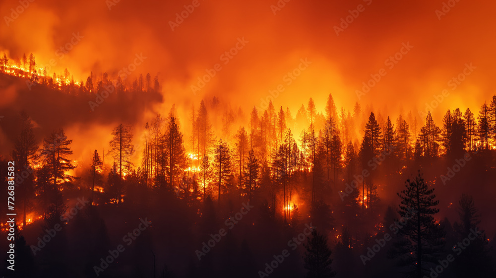 A severe wildfire burning through a dense forest at night, illuminating the sky with an ominous orange glow