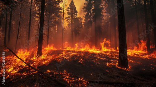 A severe forest fire, with bright orange flames consuming the ground and reaching up to the darkened pine trees, all surrounded by a hazy atmosphere of thick smoke