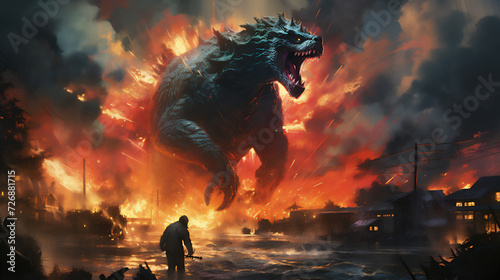Godzilla destroying a city in flames at night, digital illustration © Agustin A