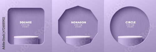 Set of realistic 3dpurple, white cylinder stand podium in square, nonagon and circle window wall scene. Abstract studio room. Pastel minimal scene for products stage showcase, Mockup promotion display