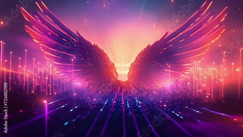 An enchanting visual representation of music with equalizer bars spreading out into glorious wings rising and soaring through an electric landscape. photo
