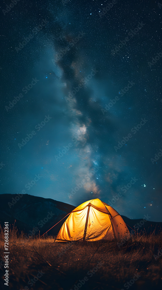 tent is lit up on the field with stars above, in the style of dark yellow and light beige, photo-realistic landscapes,