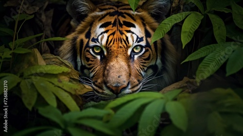 realistic photo A tiger hiding in the leaves in the forest shows its face with emphasis on its eyes. Dramatic feeling. generative ai © KBL Sungkid