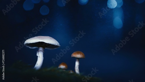 Various types of mushrooms in one frame. Dark blue background.
