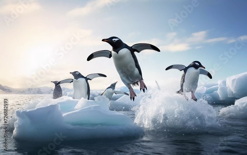 realistic photo Adelie Penguin  pygoscelis adeliae  Group Jumping into the Sea. generative ai