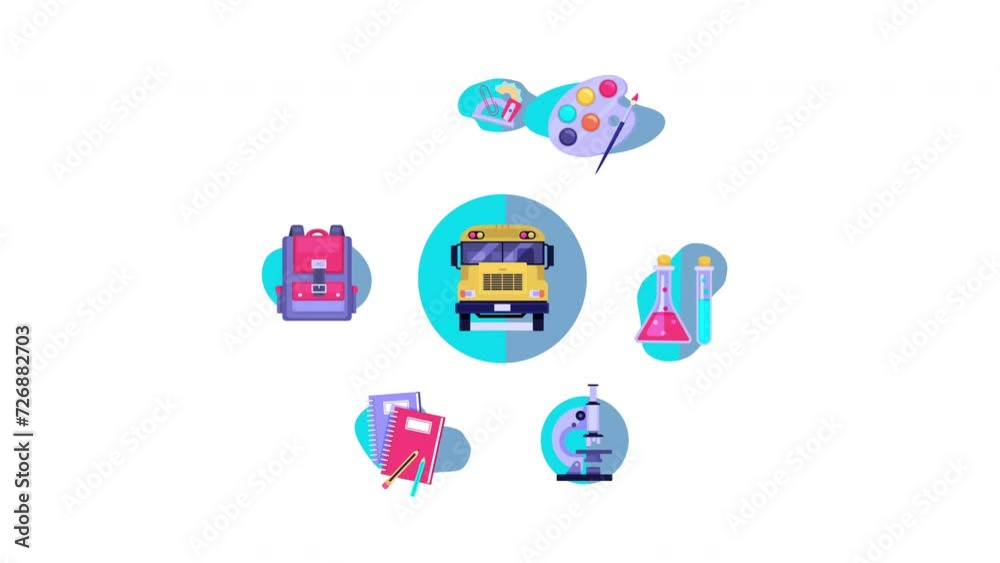 Animated back to school elements Education Icons - Motion Graphic animation Pack on white background turning around a Schoolbus Animated back to school elements Education Icons - Motion Graphic animation Pack on white background turning around a Schoolbus