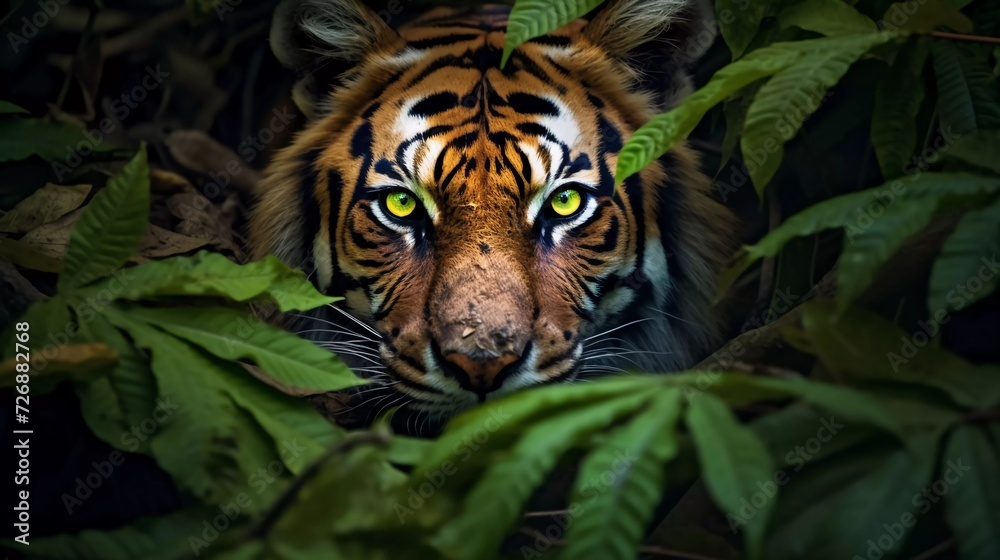 realistic photo A tiger hiding in the leaves in the forest shows its face with emphasis on its eyes. Dramatic feeling. generative ai realistic photo A tiger hiding in the leaves in the forest shows its face with emphasis on its eyes. Dramatic feeling. generative ai