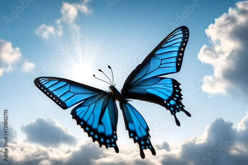 A blue butterfly  Papilio Salmoxis  flying through a sunny sky