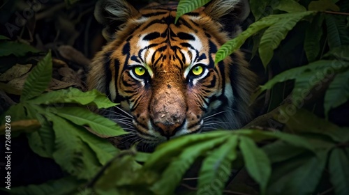 realistic photo A tiger hiding in the leaves in the forest shows its face with emphasis on its eyes. Dramatic feeling. generative ai © KBL Sungkid