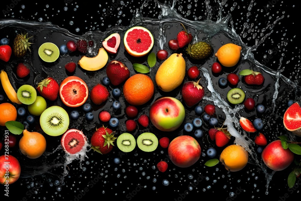 Fruits on black background with water splash Fruits on black background with water splash