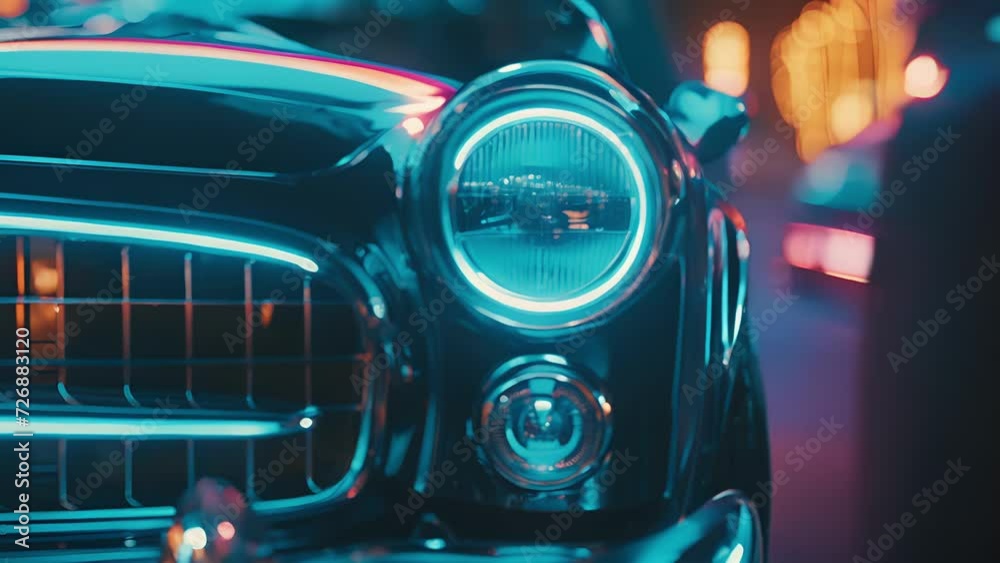 A unique closeup of a retroinspired cars front grille with neon blue lights adding a futuristic touch to the vintage design. A unique closeup of a retroinspired cars front grille with neon blue lights adding a futuristic touch to the vintage design.