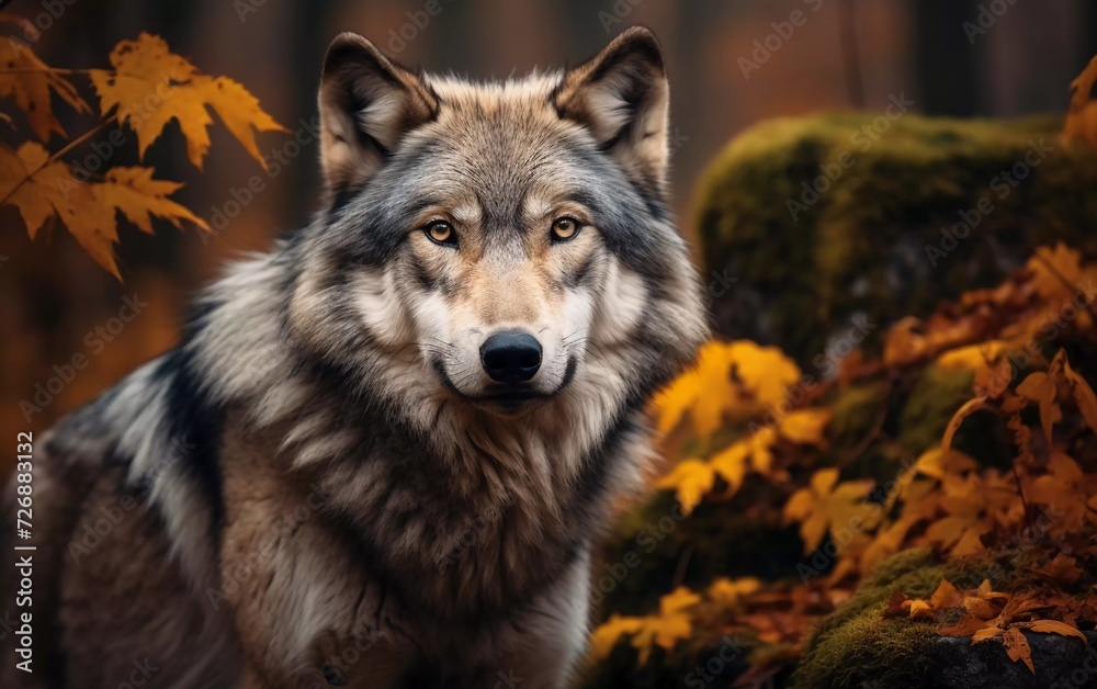 realistic photo of gray wolf in with forest background. generative ai realistic photo of gray wolf in with forest background. generative ai