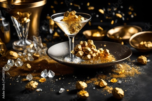 Golden nuggets and crystals spilling out of a martini glass