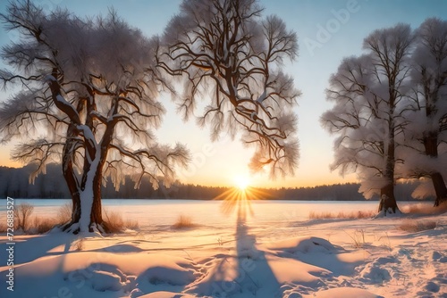 Sunbeams through tree on snowy meadow at sunset. Beautiful winter scene. Yellow sunlight. Snowy trees on icy lake shore covered by snow. Christmas background. Frost at evening