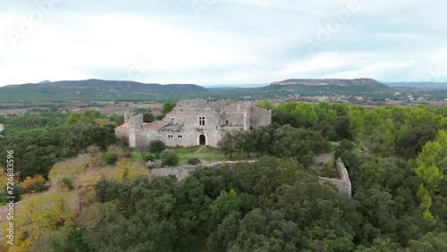 Aerial orbiting shot of the remains of Montlaur Castle surrounded by vineyards photo