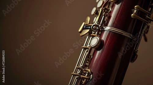 Close-Up View of a Classic Wooden Bassoon with Golden Keys, Detailed Craftsmanship, Musical Instrument on a Dark Background