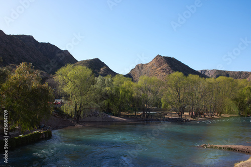 view of the Atuel River and its mountains, plus the vegetation around it on a sunny day photo