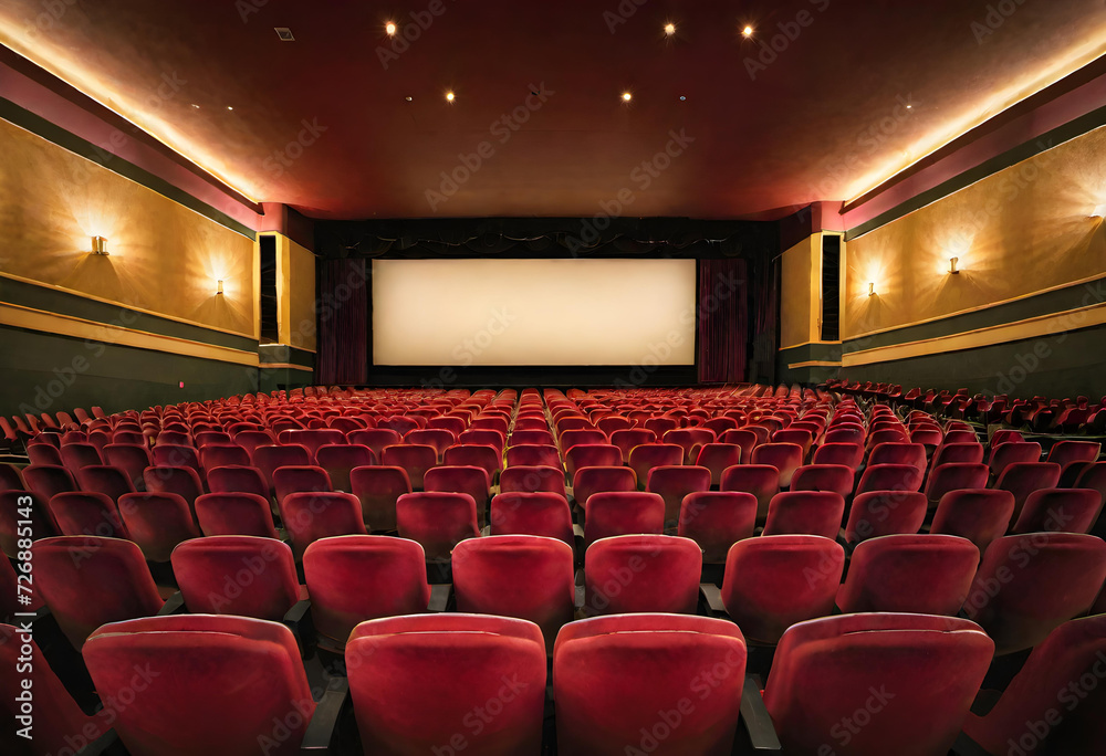 Fototapeta premium Movie Theater. Cinema. Film. Entertainment. Screening. Movie Night. Audience. Interior. Cinematic. Premiere. Big Screen. Popcorn. Seats. Enjoyment. Film Industry. Leisure. AI Generated.