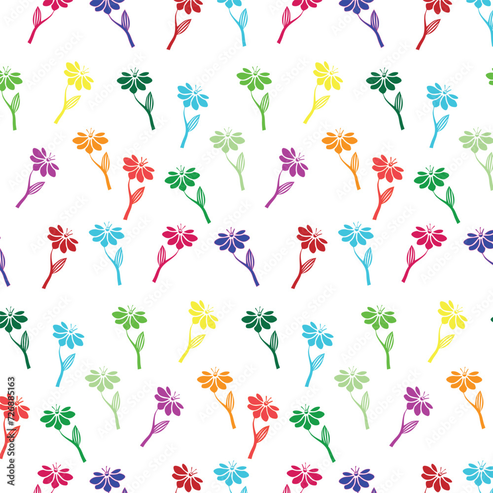 Colorful Flower Design Seamless Pattern.  Cute floral pattern with colorful flowers. Amazing seamless floral pattern with colorful flowers and leaves on a white background.
