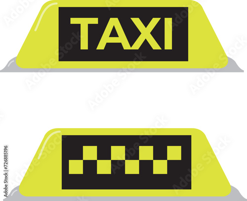 Taxi, checkered taxi, car, transportation set for taxi with emblems in yellow color vector flat icon isolated on white