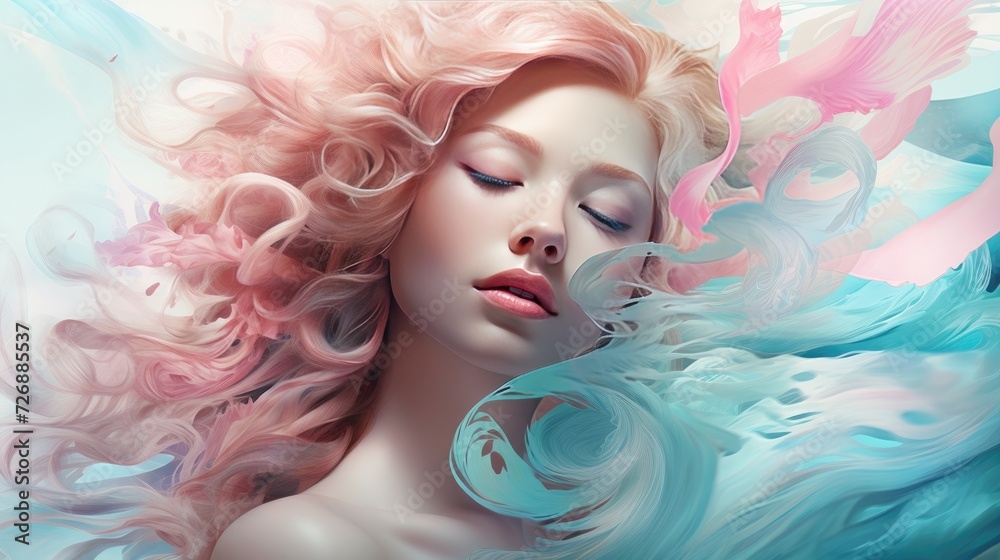 Illustrate a women's beauty with a dreamy color palette of Turquoise and Soft pink tones, complemented by ethereal swirls and flowing typography --ar 16:9 Job ID: 9b332aeb-5af3-48a1-babe-29a8396c9acb