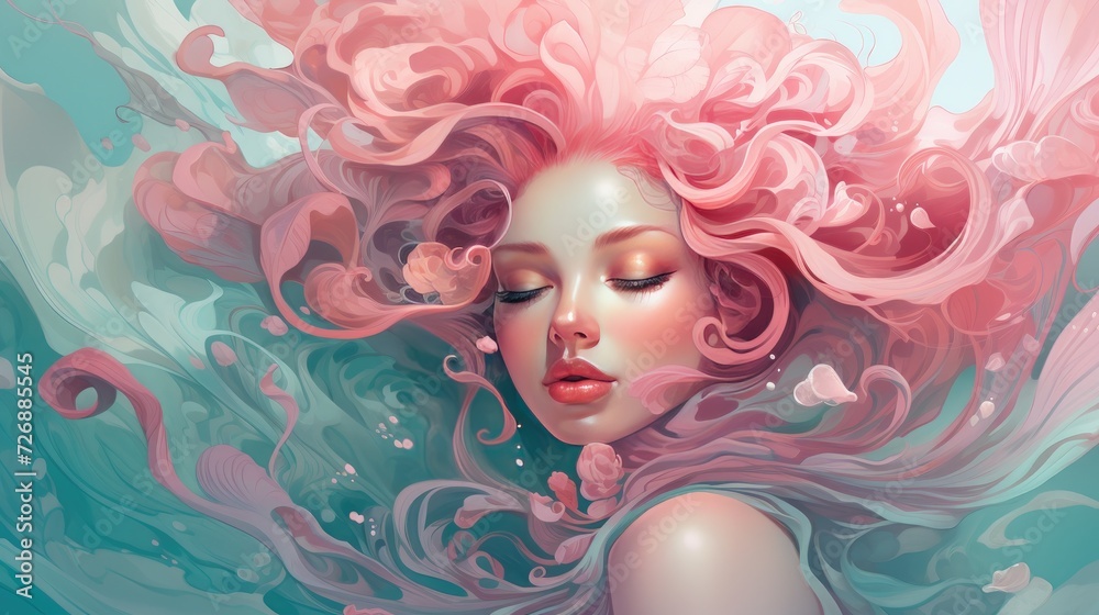 Illustrate a women's beauty with a dreamy color palette of Turquoise and Soft pink tones, complemented by ethereal swirls and flowing typography --ar 16:9 Job ID: 34a8e1be-d432-4c42-8a92-17b7ea1c4269