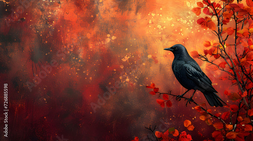 A Painting of a Black Bird Sitting on a Branch