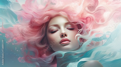 Illustrate a women's beauty with a dreamy color palette of Turquoise and Soft pink tones, complemented by ethereal swirls and flowing typography --ar 16:9 Job ID: 43b41e40-daa6-461b-b63f-ac62c382de0a