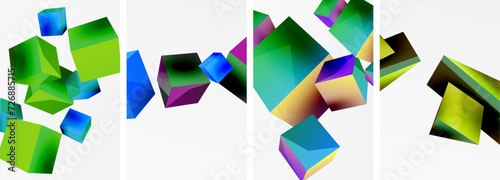 Flying 3d shapes, cubes and other geometric elements background design for wallpaper, business card, cover, poster, banner, brochure, header, website