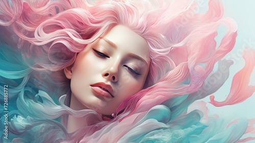 Illustrate a women's beauty with a dreamy color palette of Turquoise and Soft pink tones, complemented by ethereal swirls and flowing typography --ar 16:9 Job ID: 46e807ae-39fa-4709-84b7-8e0f4dad07d0